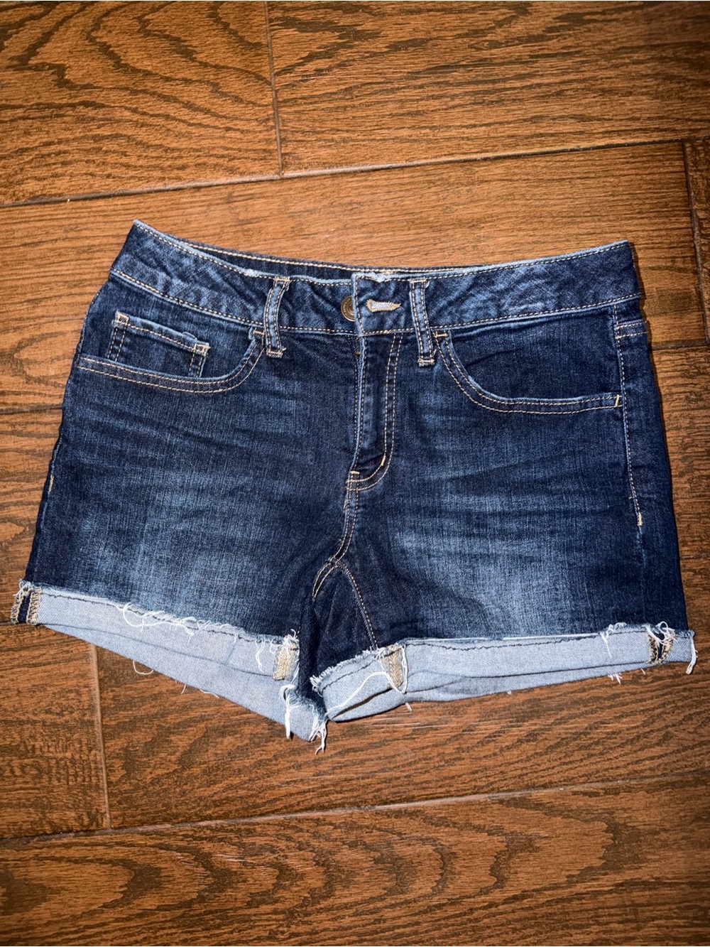 SO Dark Blue Denim Rolled Frayed Hem Shorts